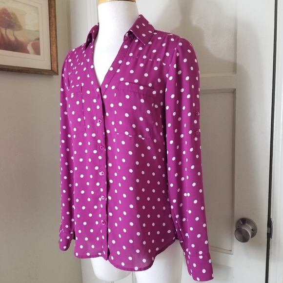 EXPRESS THE PORTOFINO SHIRT slim fit purple white polka dot long roll sleeve top - Picture 2 of 6